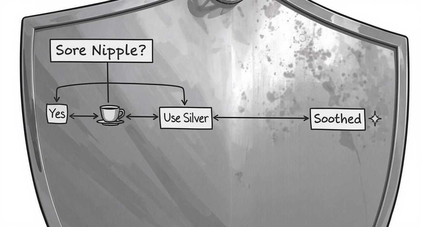 Humorous flowchart showing how silver nipple shields help soothe sore nipples during breastfeeding