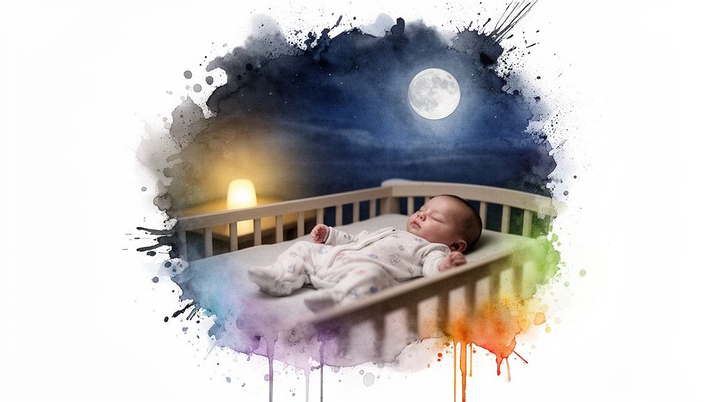 A serene baby sleeps soundly in a crib under a full moon and starry night.