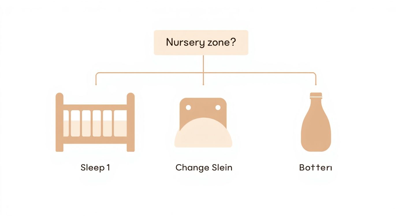A diagram showing a 'Nursery zone?' with branches leading to a crib, a changing station, and a baby bottle.
