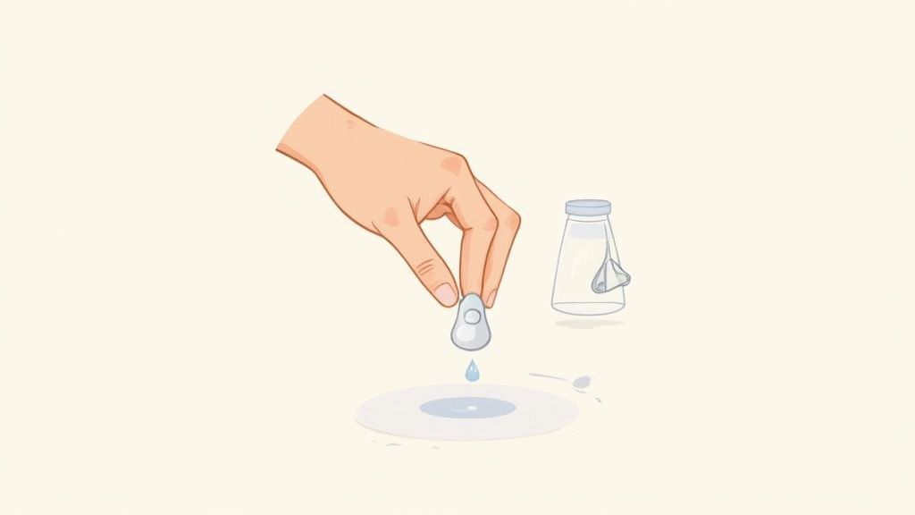 Hand dispensing drops of sterilizing solution onto petri dish for cleaning nipple shield
