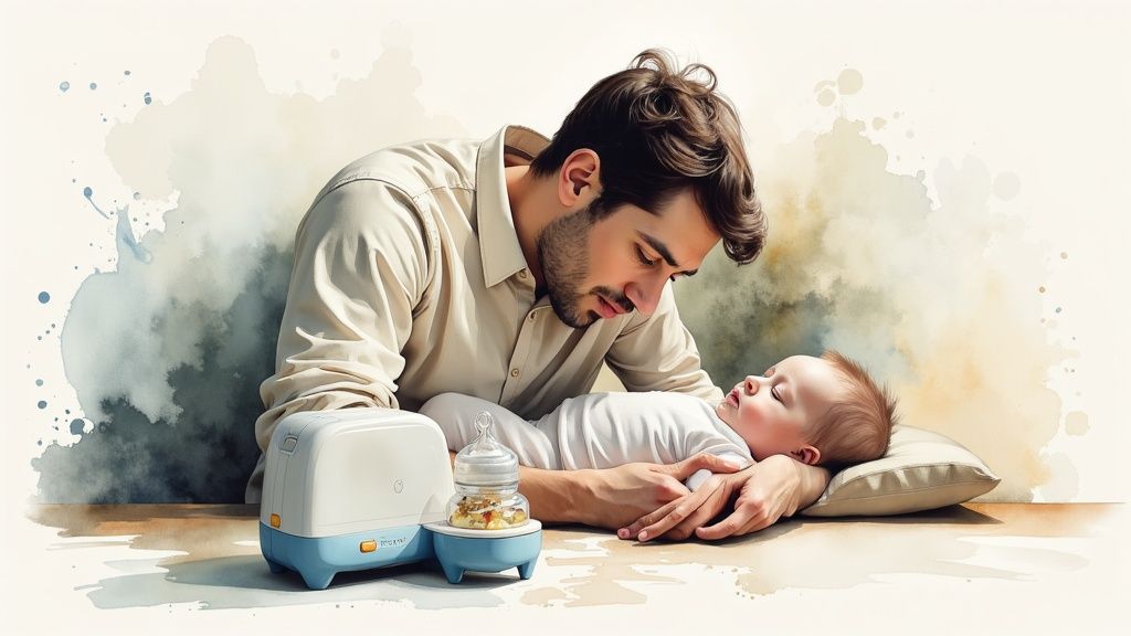 A bottle warmer sitting on a kitchen counter with a baby bottle inside.