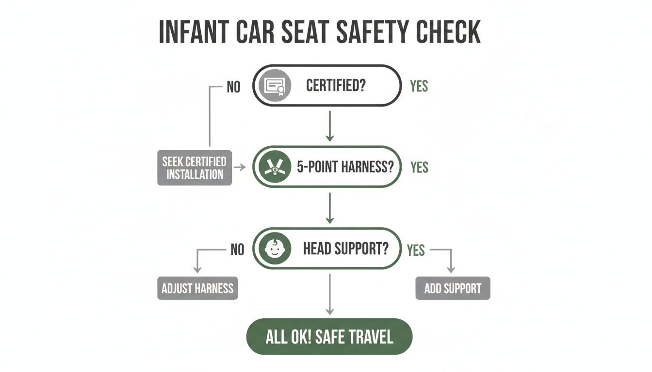 A flowchart outlining infant car seat safety checks, covering certification, 5-point harness, and head support.