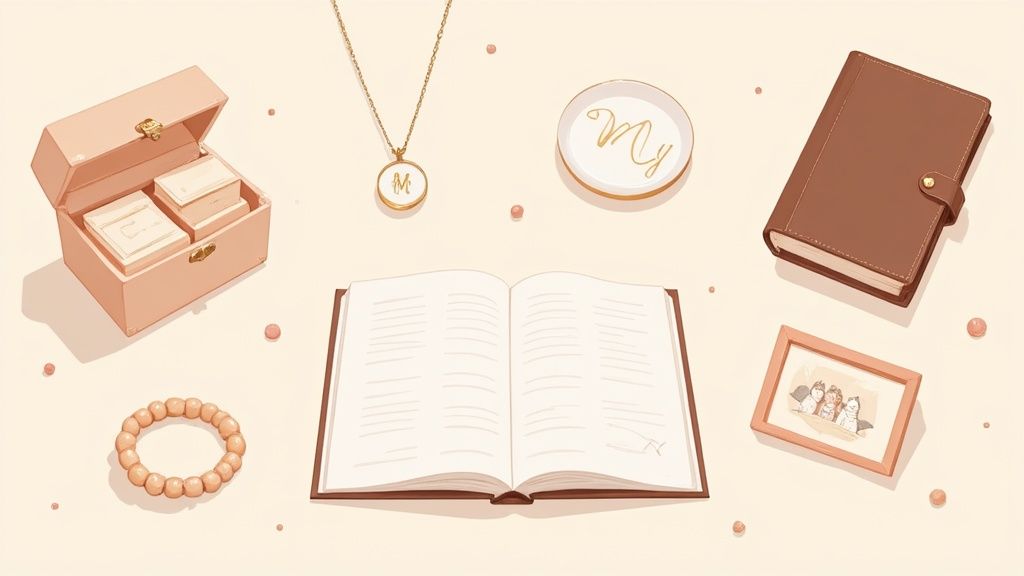 A mother holding a custom-engraved necklace with her baby's initial.