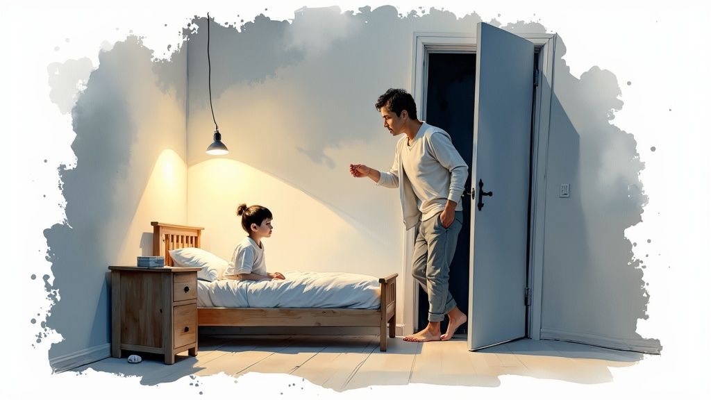 A father talks to his young child sitting on a bed in a softly lit room at night.