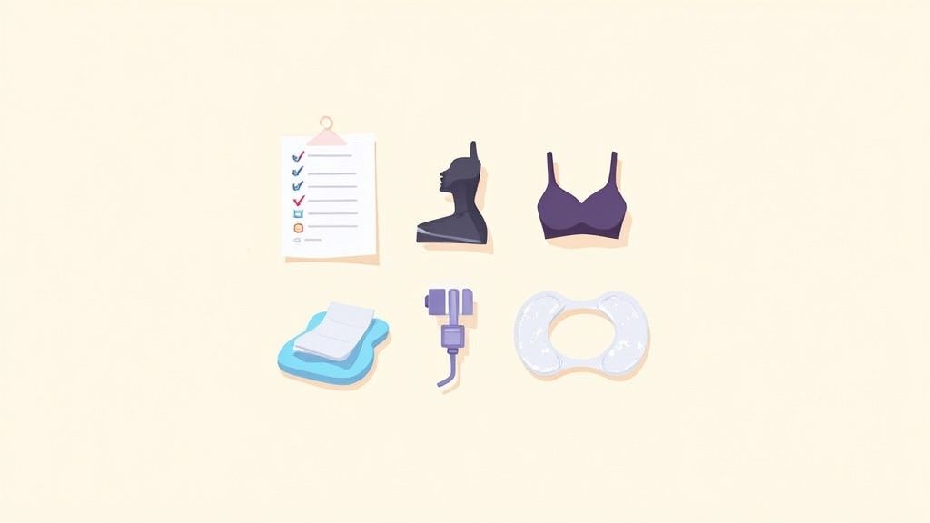 Breastfeeding essentials including nursing bra, breast pump, nursing pads, checklist, and nipple shields