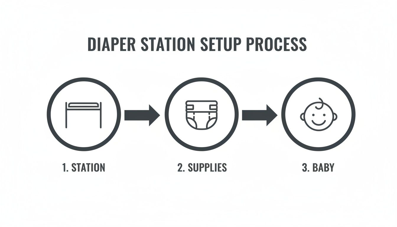 A simple infographic outlining the three steps for a diaper station setup process: station, supplies, and baby.