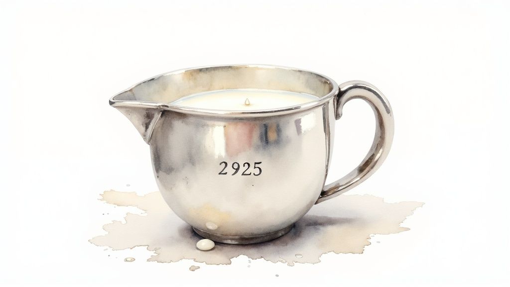 Silver creamer with milk, numbered 2925, surrounded by liquid splatters and a small white pill.