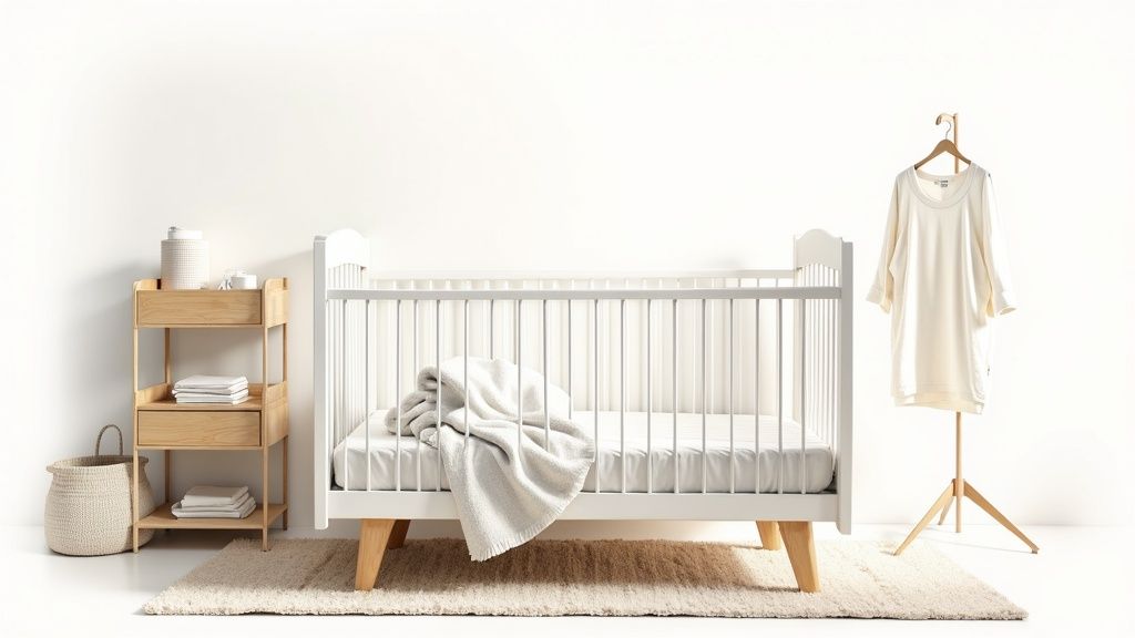Minimalist white wooden baby crib with neutral bedding in modern nursery room