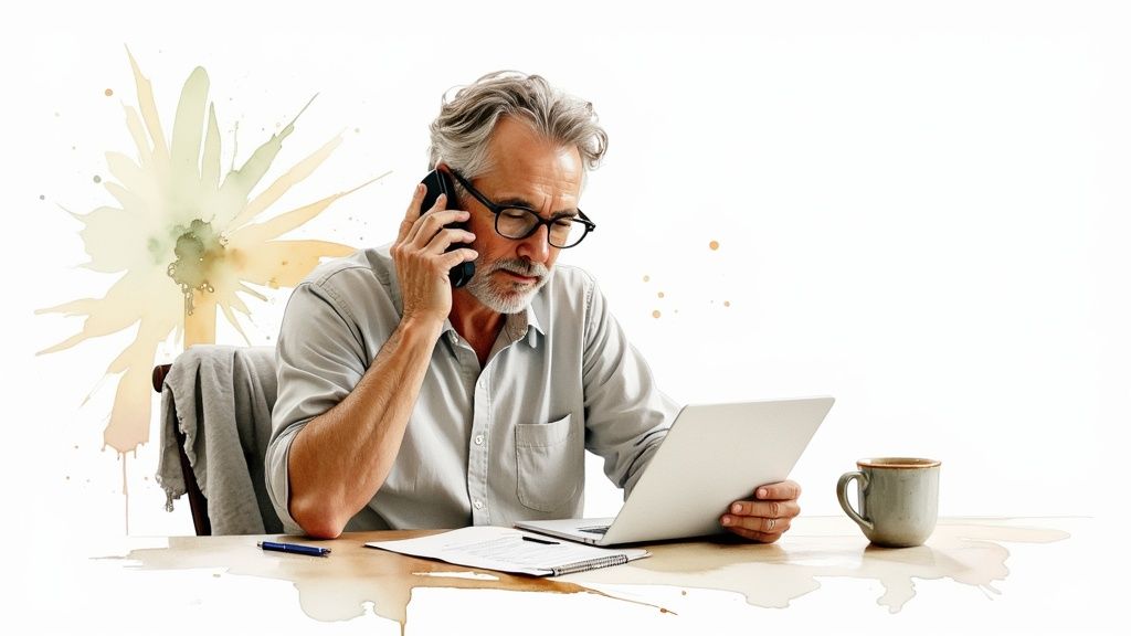 Mature professional man talking on phone while reviewing documents on tablet at desk