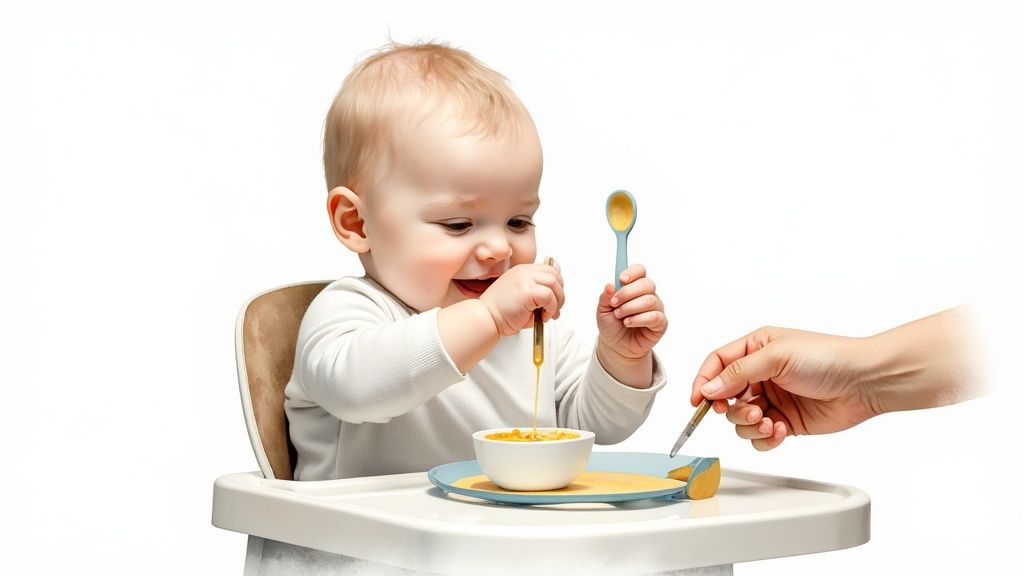 A happy baby sitting in a high chair, eating solid food with a spoon.