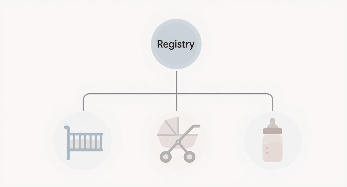 Baby registry infographic showing essential items including crib, stroller, and feeding bottle icons