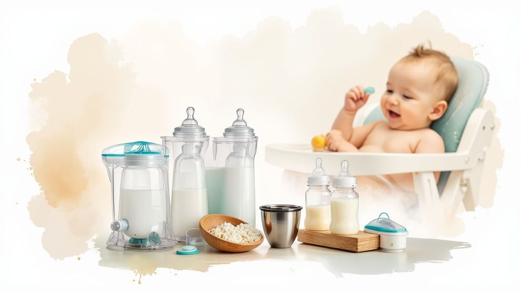 Happy baby in high chair with various baby bottles, milk, and formula feeding supplies.