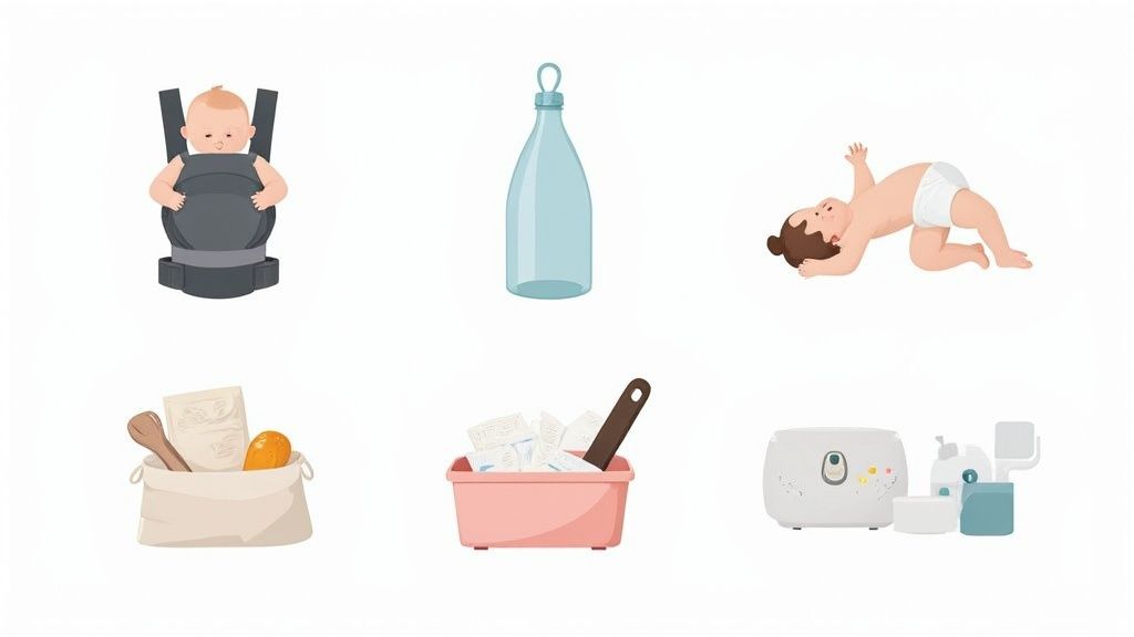 A mother comfortably using a baby carrier with her newborn.