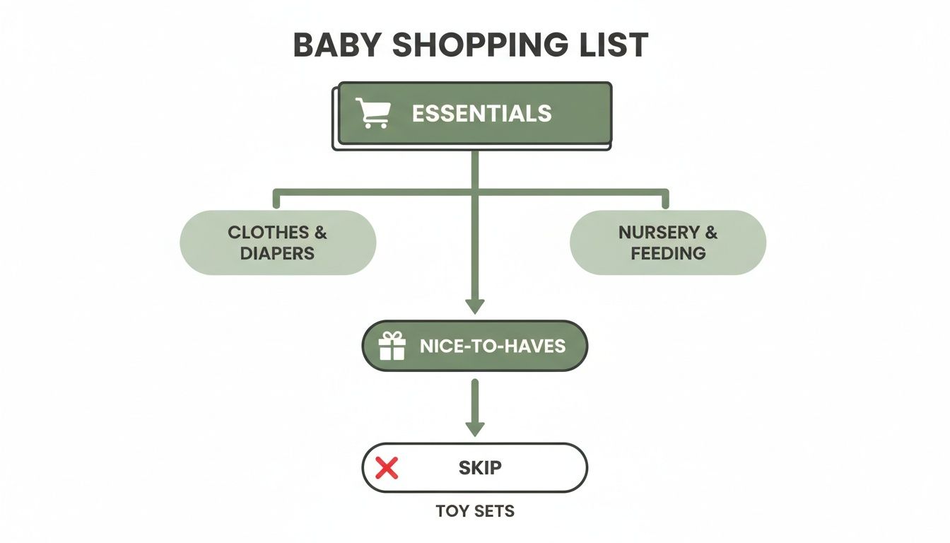 A baby shopping list flowchart categorizing essentials, nice-to-haves, and items to skip like toy sets.