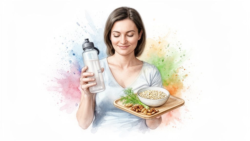 A smiling woman holding a water bottle and a tray of oatmeal, nuts, and greens.