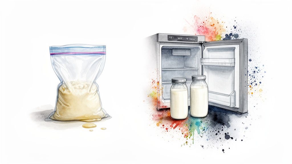 Watercolor illustration showing breast milk in a storage bag and bottles next to an open refrigerator.