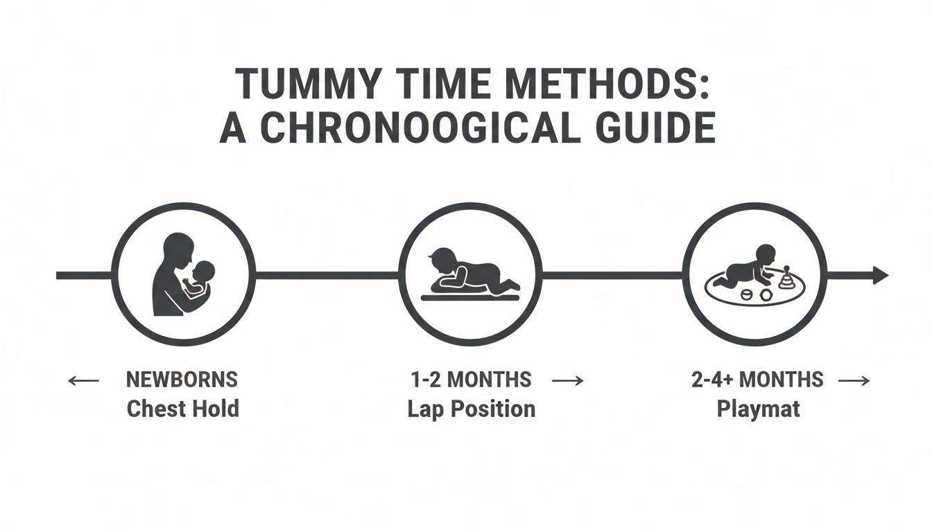 Chronological guide to tummy time methods: Chest Hold for newborns, Lap Position for 1-2 months, Playmat for 2-4+ months.