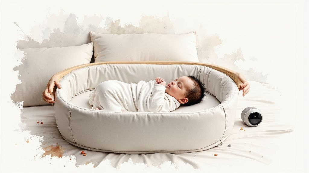 A newborn baby sleeping peacefully in a bassinet next to a bed.