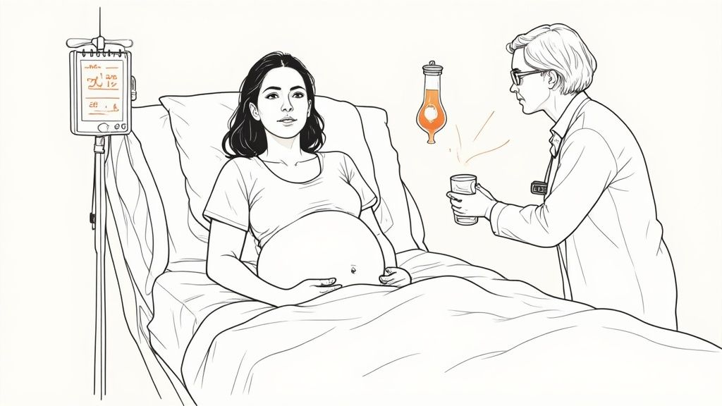 A healthcare provider offering a comforting hand to a pregnant woman lying in a hospital bed, looking weak.