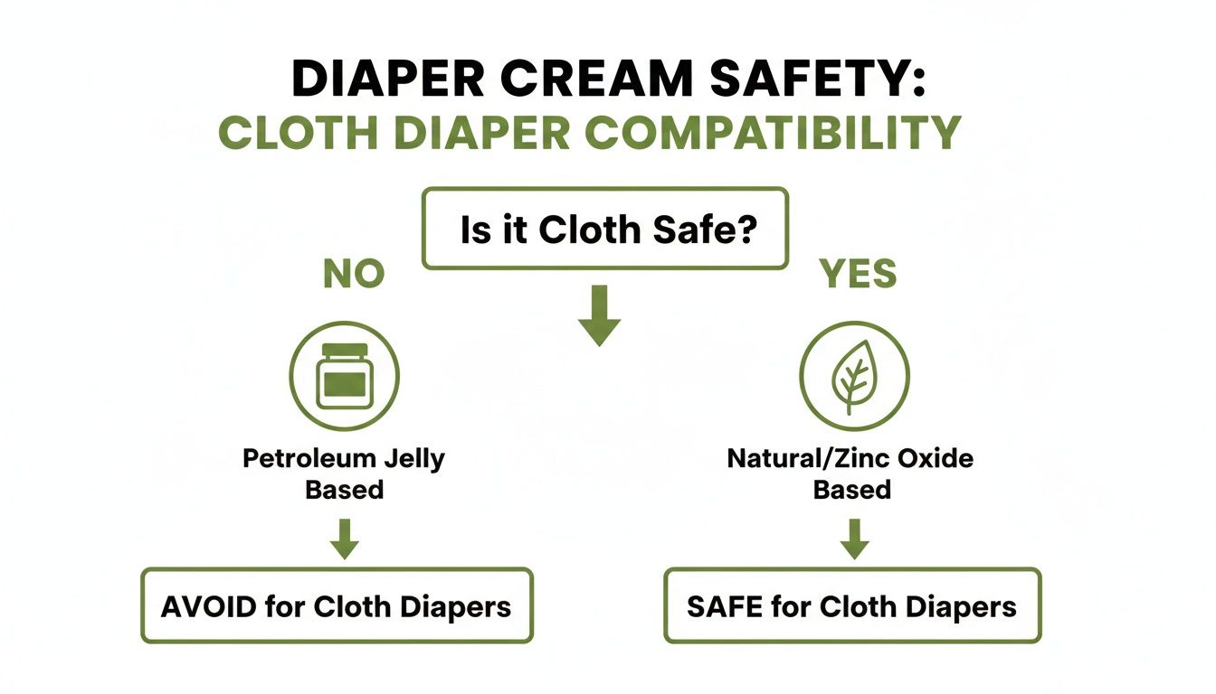 Flowchart on diaper cream safety for cloth diapers: petroleum jelly creams are to avoid, natural/zinc oxide are safe.