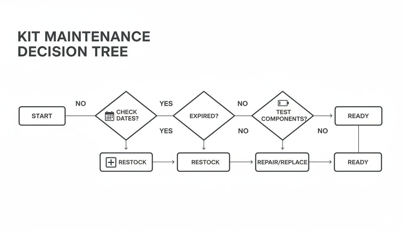A decision tree flowchart illustrating the kit maintenance process, checking dates, expiration, and testing components.