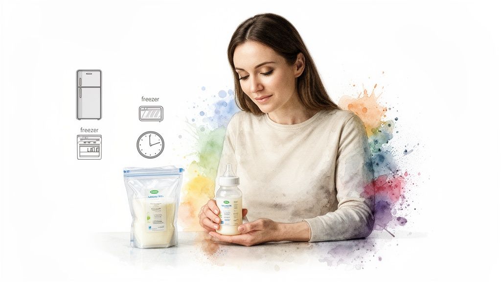 A woman holds a baby bottle filled with breast milk, next to storage bags and refrigeration icons.