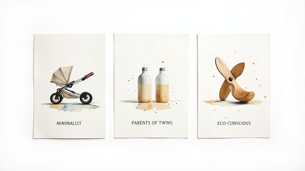 Three watercolor illustrations showing minimalist stroller, twin baby bottles, and eco-conscious wooden toy banana