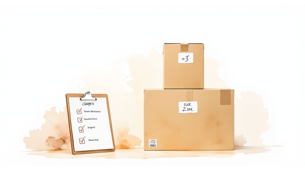A clipboard with a completed checklist next to two stacked cardboard moving boxes, one labeled 'size 2 she' and the other '=3'.
