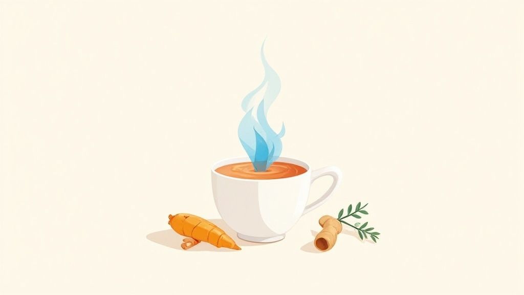 A warm cup of herbal tea surrounded by ginger, turmeric, and other anti-inflammatory ingredients.