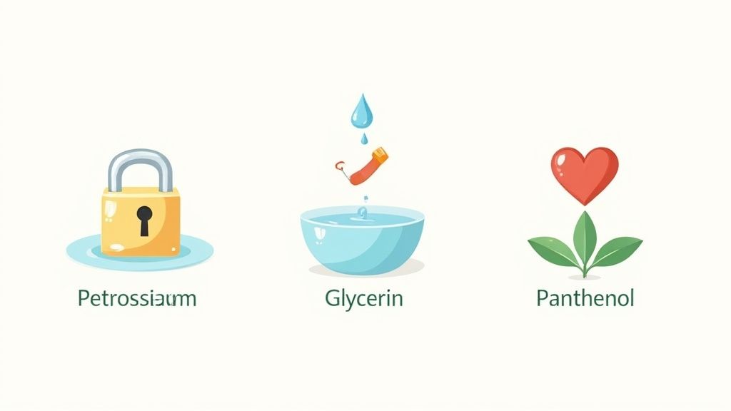 A close-up of Aquaphor being applied to a baby's skin, showing its protective, translucent layer.