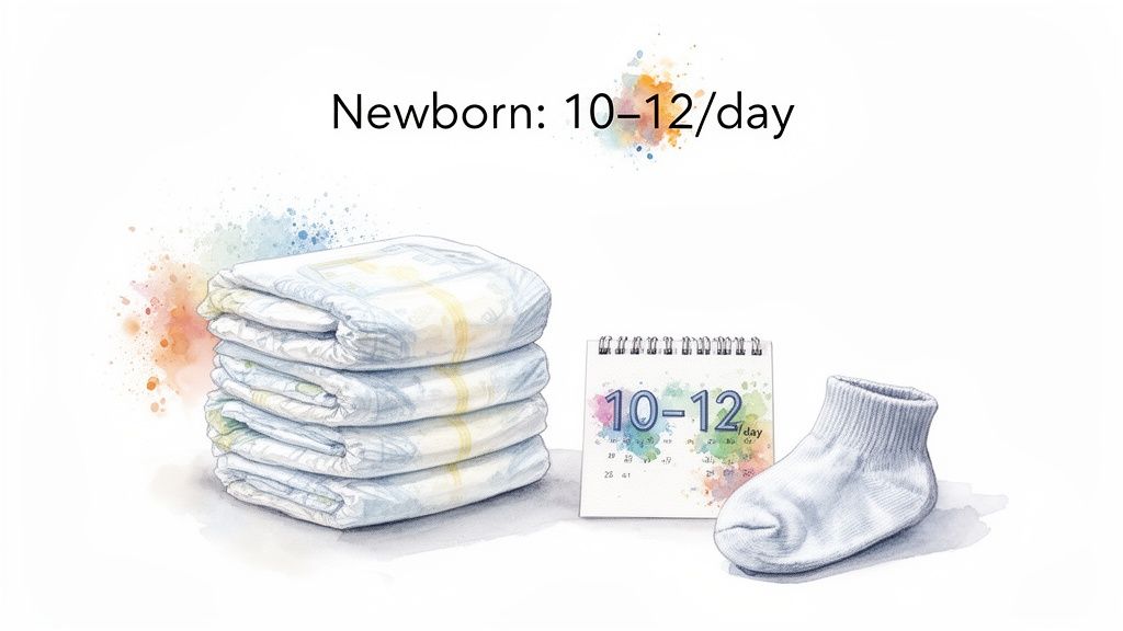 A stack of diapers, a calendar, and a baby sock illustrate newborn diaper changes: 10-12 per day.