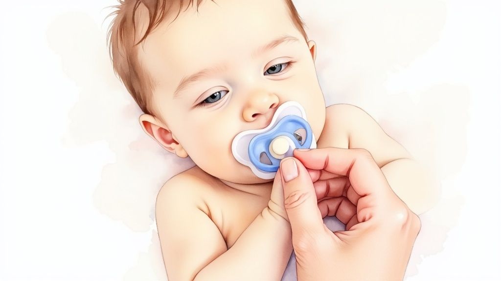 A cute baby with blue eyes lying down, being given a blue and white pacifier by a hand.