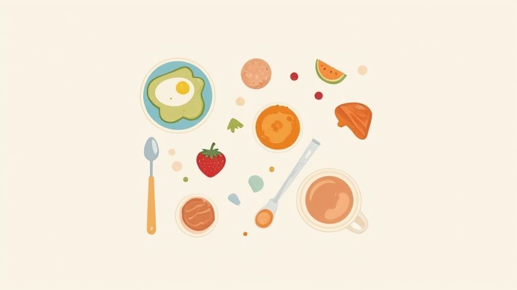 A high-chair tray filled with colorful, healthy finger foods for a baby.