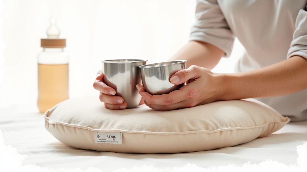 Person holding two stainless steel cups on organic cotton cushion with baby bottle