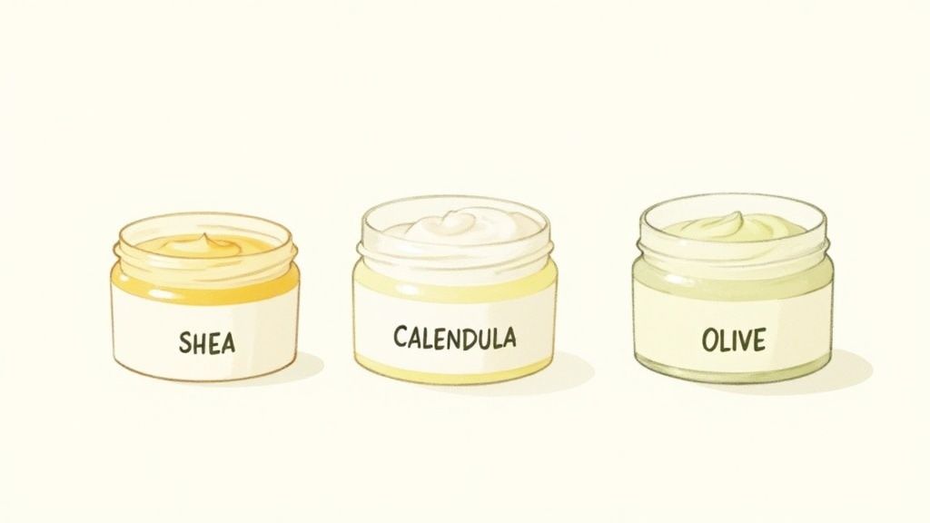 A close-up of a plant-based nipple balm with calendula flowers and shea butter surrounding it.