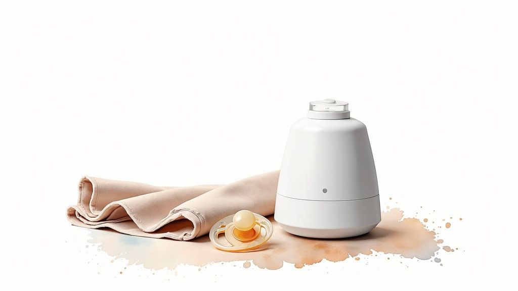 A white noise machine and blackout curtains in a calm, modern nursery.