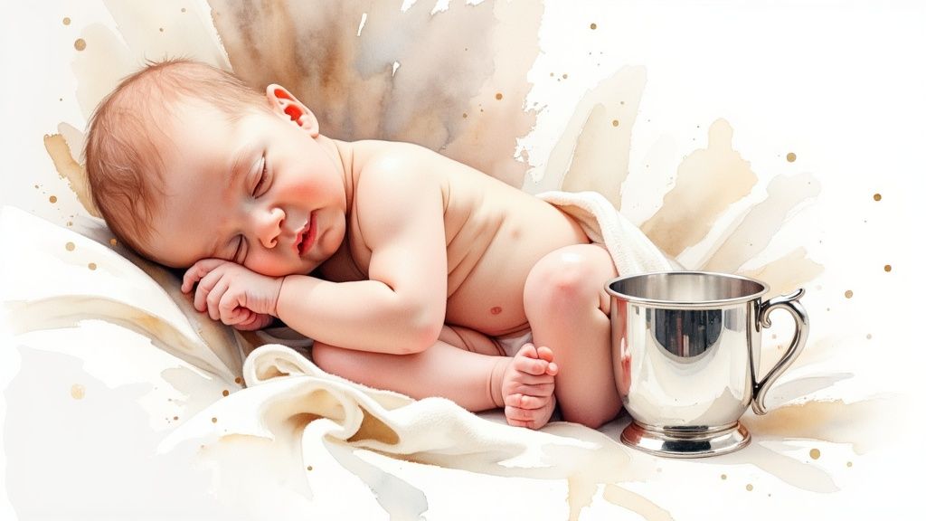A peaceful sleeping baby wrapped in a white blanket lies beside a shiny silver cup.