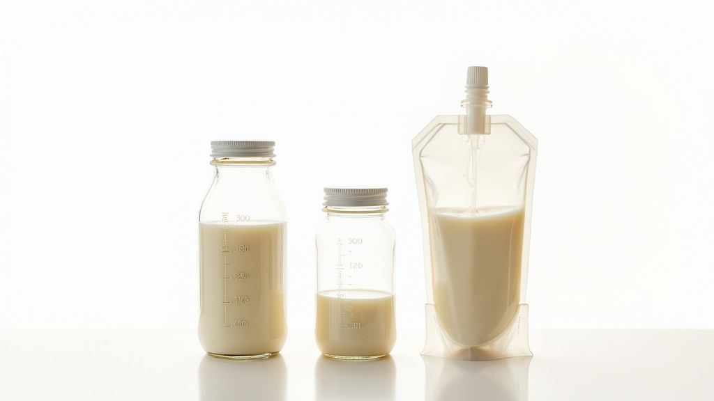 A mother holds a bottle of freshly pumped breast milk, with other storage containers nearby.