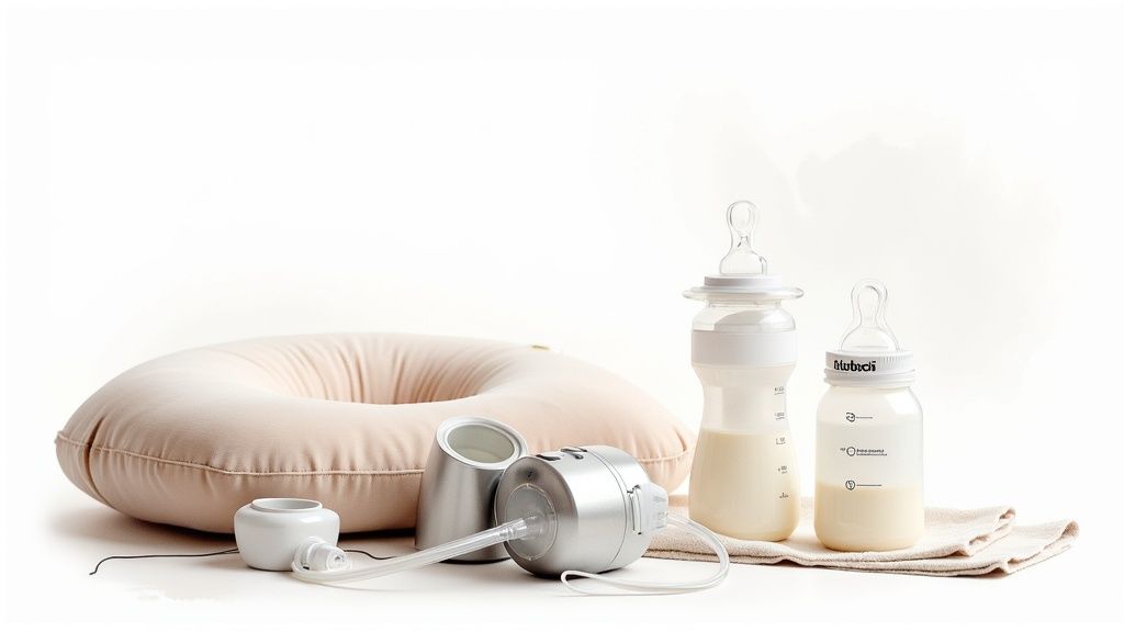 Essential baby feeding supplies including nursing pillow, bottles with milk, bottle warmer and accessories