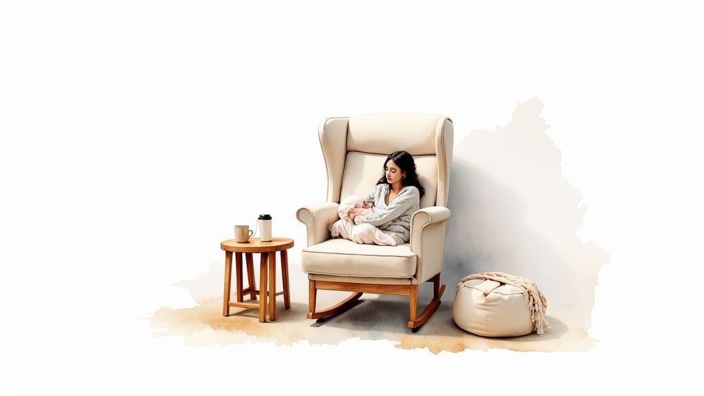 A comfortable glider in a well-lit nursery, perfect for feeding and cuddles.