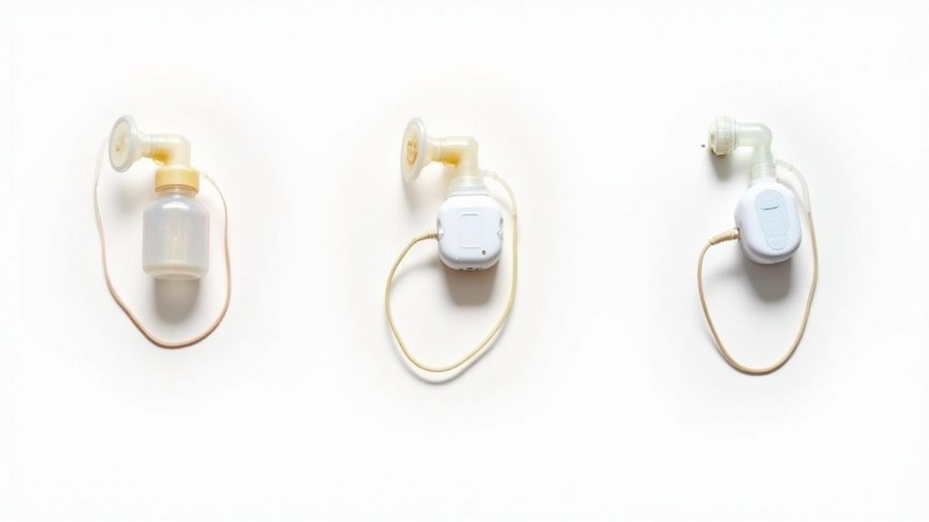 Three different breast pumps, including manual and electric models, displayed on a white background.