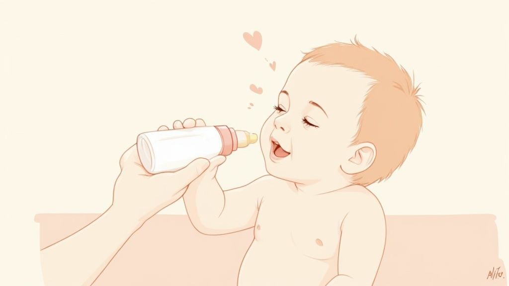 A mother holds a baby bottle with a nipple, ready for feeding time.