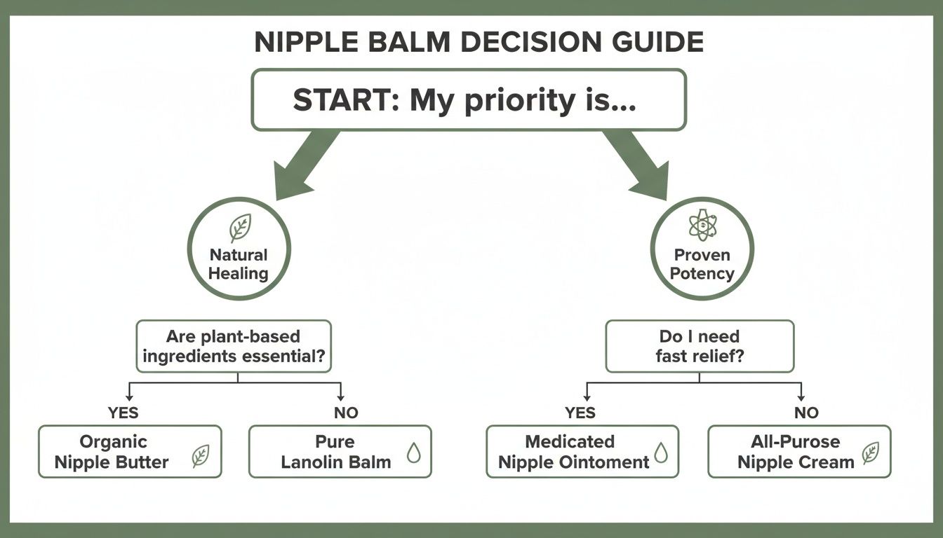 A nipple balm decision guide flowchart for breastfeeding, choosing between natural healing or proven potency.