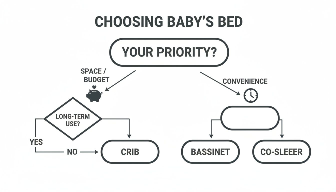 Flowchart for choosing a baby's bed based on priority: space/budget or convenience, leading to crib, bassinet, or co-sleeper.