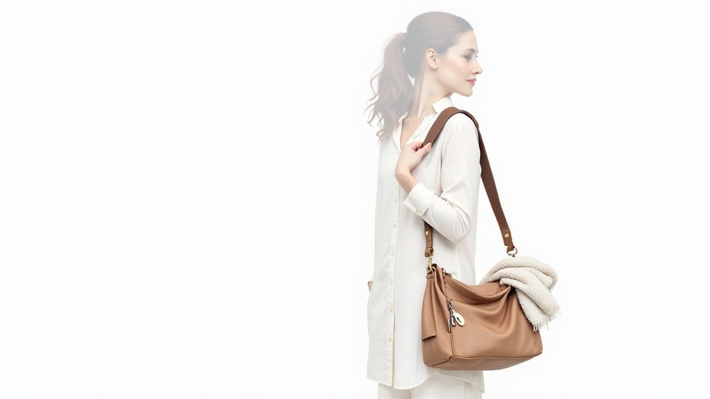 A stylish mom in a white dress and sunhat carries a tan leather diaper bag backpack while holding her baby.