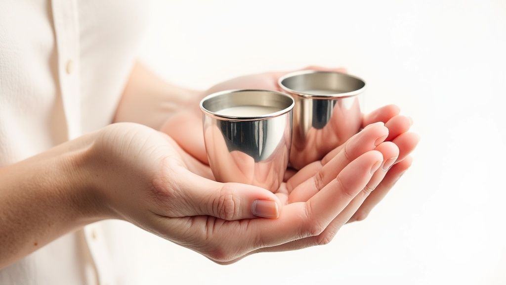 Close-up of hands gently holding two silver nursing cups filled with white liquid.