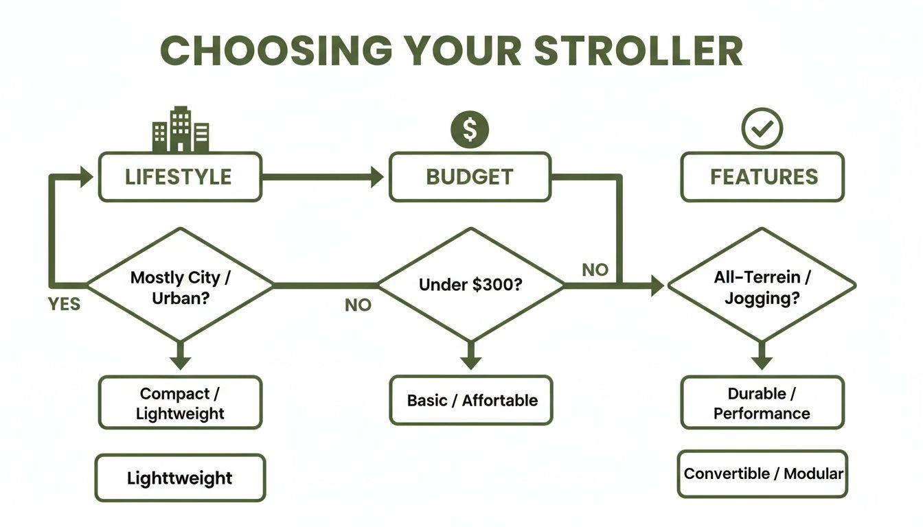 A flowchart guiding stroller selection based on lifestyle, budget, and desired features.