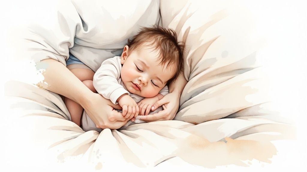 Watercolor illustration of a peaceful baby sleeping soundly in a mother's gentle arms.