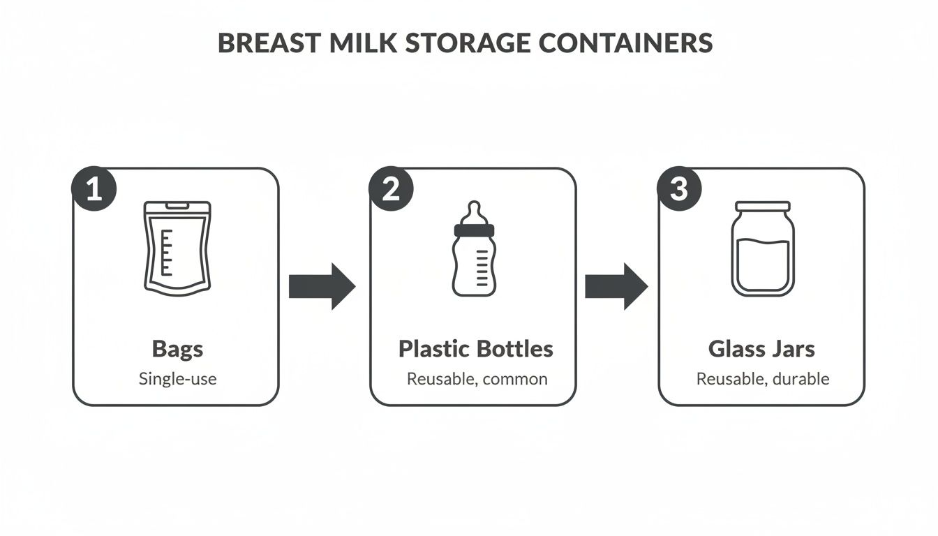 An infographic showing three types of breast milk storage containers: bags, plastic bottles, and glass jars.