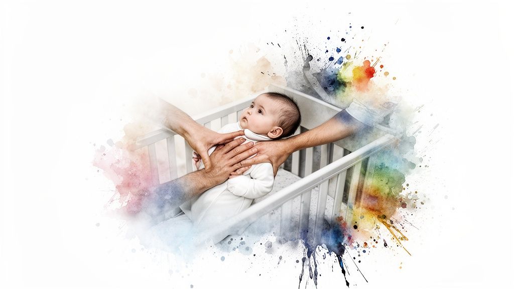 An infant in a white crib, safely held by adult hands, with artistic watercolor effect.